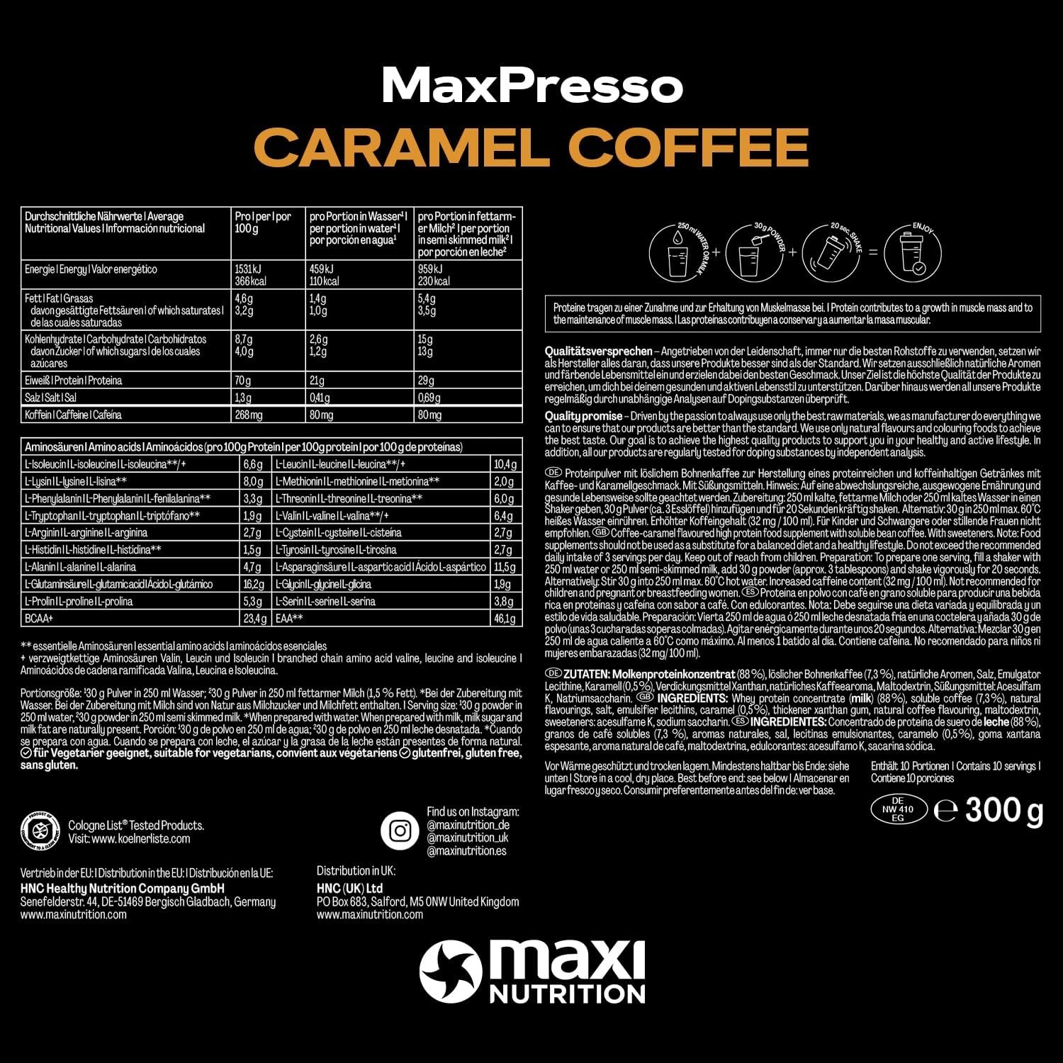 MaxiNutrition MaxPresso Caramel Protein Coffee Whey Protein Powder 21g Protein