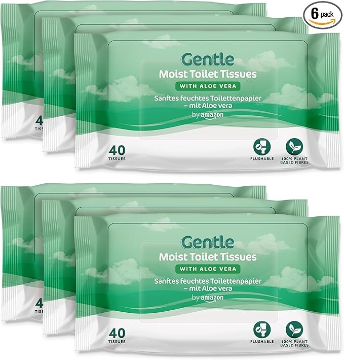 by Amazon Gentle Moist Toilet Tissues with Aloe Vera, Flushable, 240 Count (6 Packs of 40 sheets)
