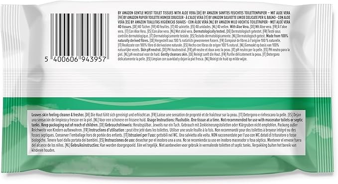 by Amazon Gentle Moist Toilet Tissues with Aloe Vera, Flushable, 240 Count (6 Packs of 40 sheets)