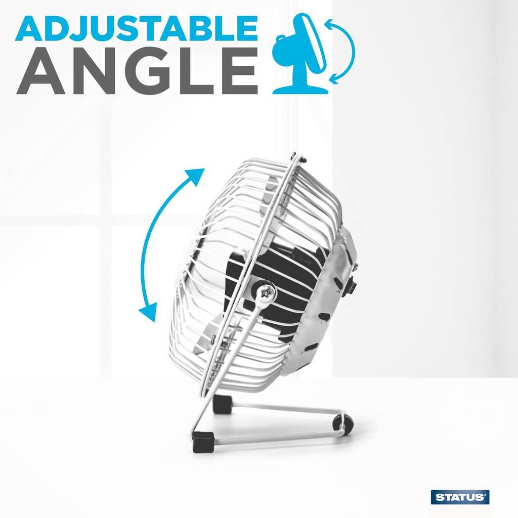 Status 4 inch USB desk fan: mini, portable, single speed for personal cooling. White/black