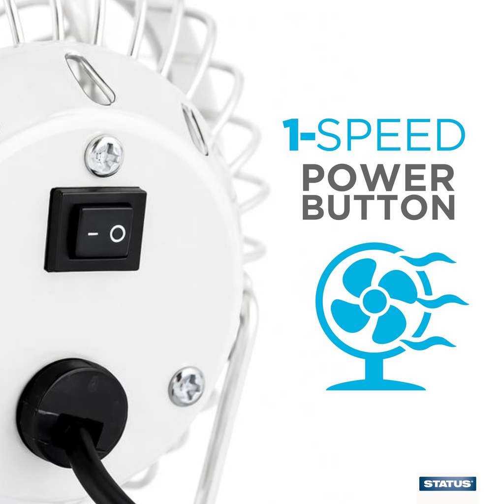 Status 4 inch USB desk fan: mini, portable, single speed for personal cooling. White/black