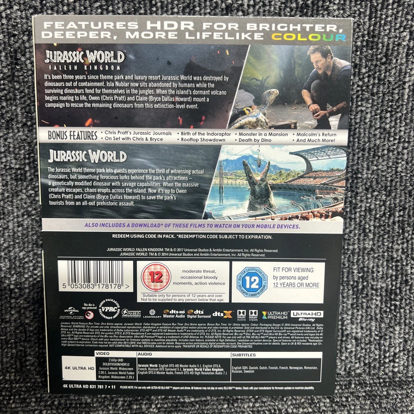 Jurassic World Fallen Kingdom and Jurassic World 4K UHD Blu-ray 2 Films New