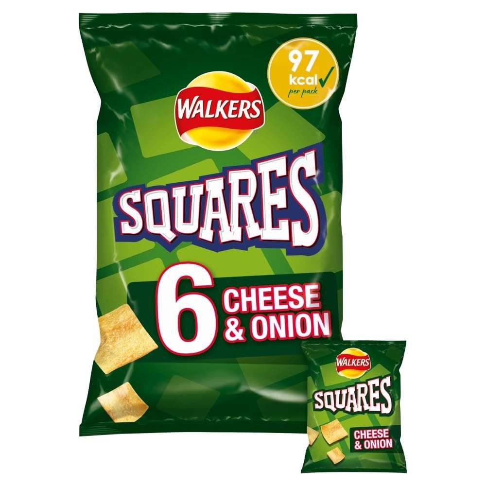 Walkers Squares Cheese and Onion Multipack Snacks Crisps 6x22g