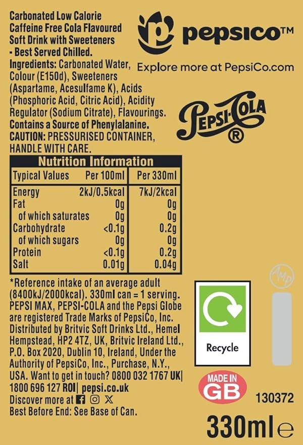 Pepsi Max No Caffeine, 24 x 330ml