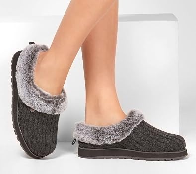 Skechers Women's Keepsakes Ice Angel Slippers, Charcoal Cable Knit Sweater/ Faux Fur Trim, 3 UK