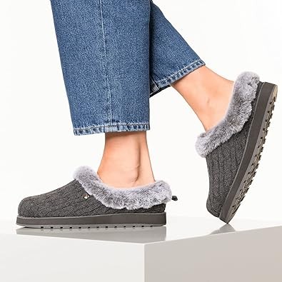 Skechers Women's Keepsakes Ice Angel Slippers, Charcoal Cable Knit Sweater/ Faux Fur Trim, 3 UK