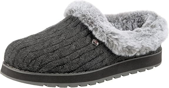 Skechers Women's Keepsakes Ice Angel Slippers, Charcoal Cable Knit Sweater/ Faux Fur Trim, 3 UK