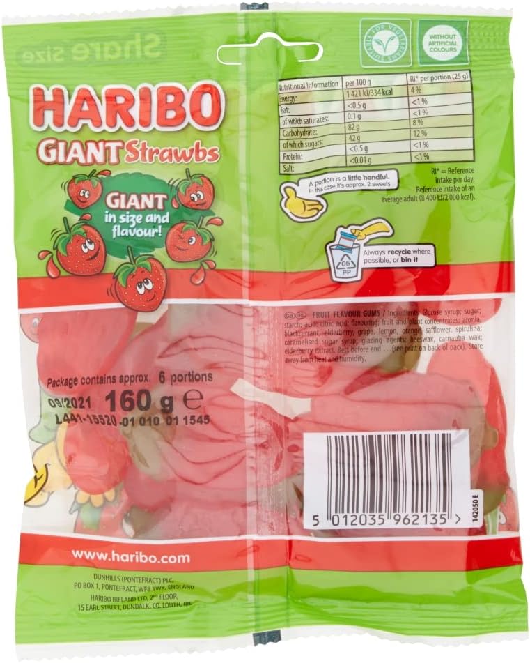 HARIBO Giant Strawbs – Fruity and Chewy Gummy Strawberries – 160g Share Size