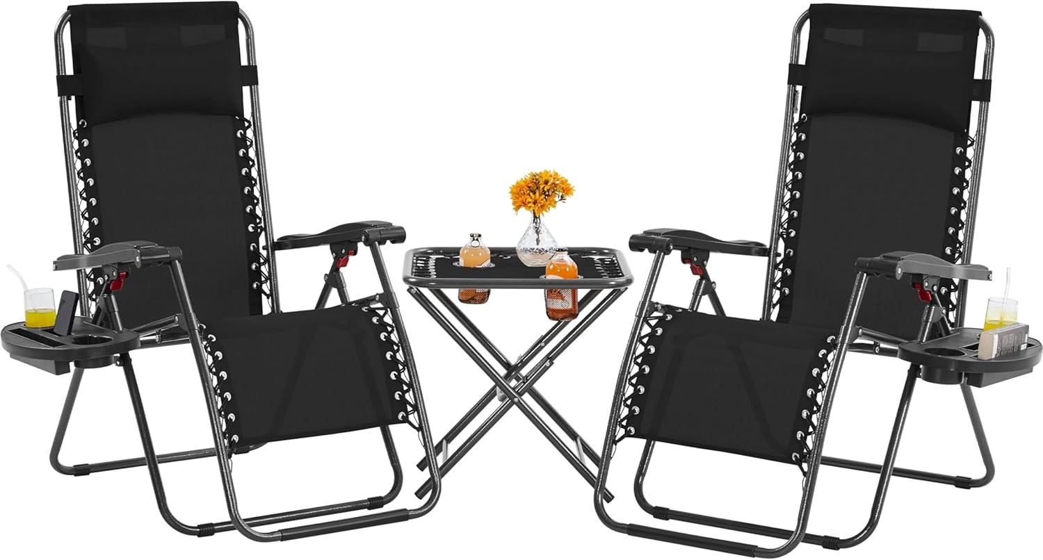 Yaheetech 3 Piece Zero Gravity Recliner Foldable Sunlounger Table Set, Black