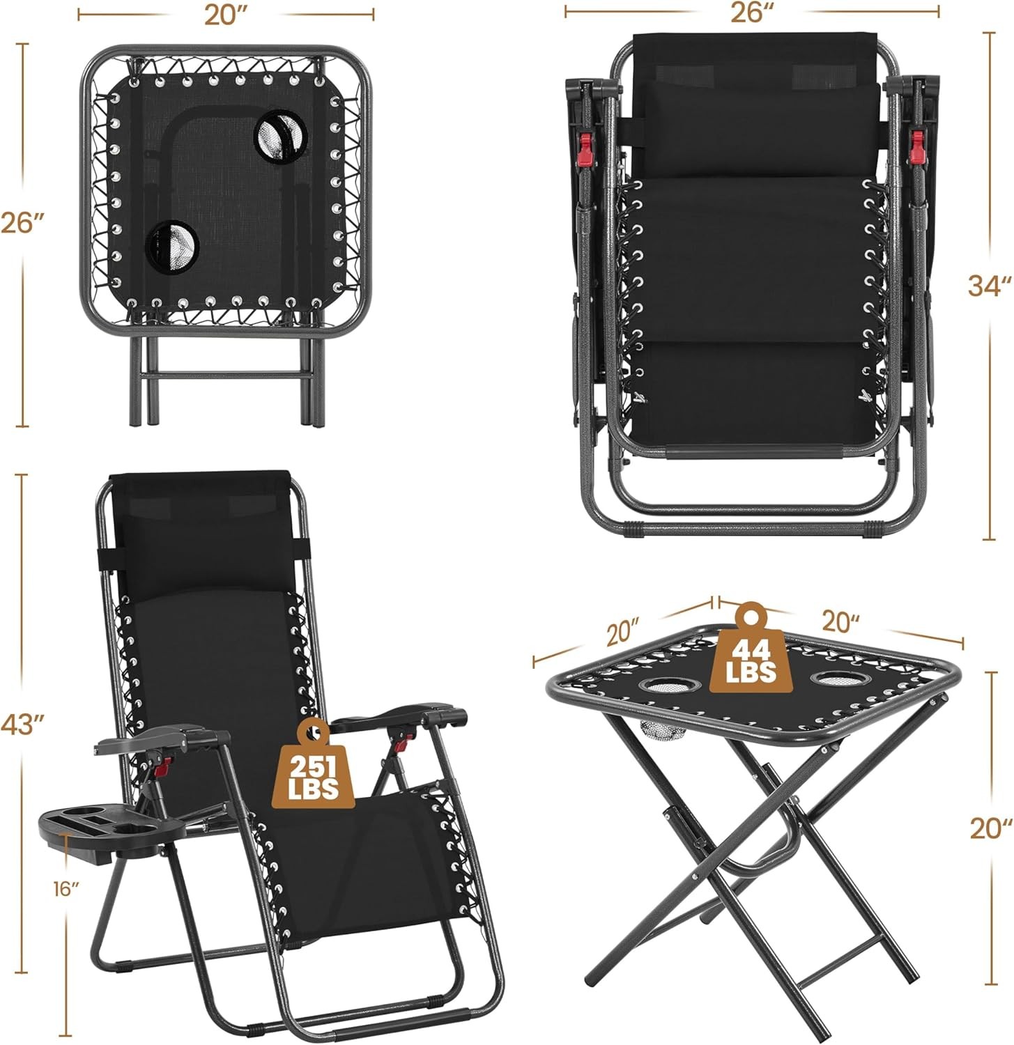 Yaheetech 3 Piece Zero Gravity Recliner Foldable Sunlounger Table Set, Black