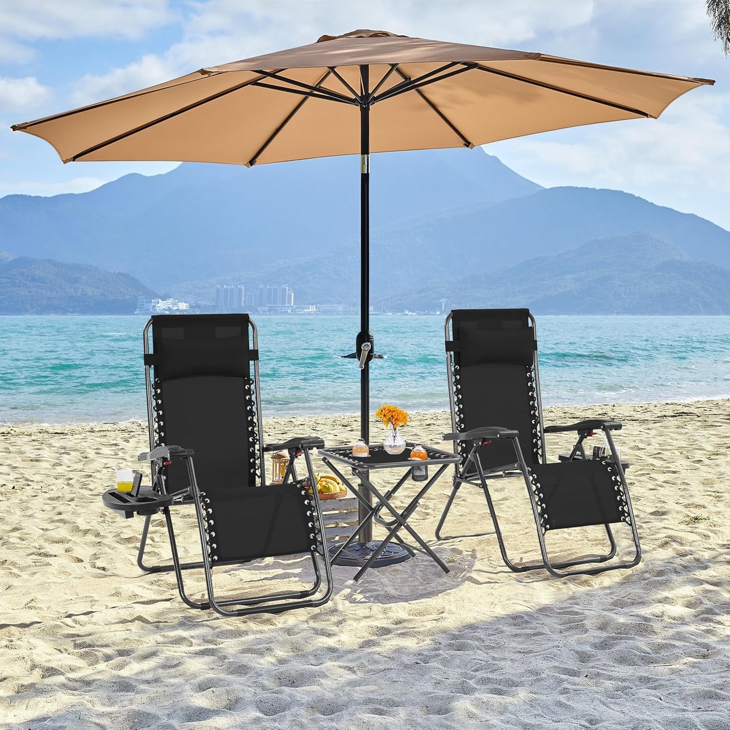 Yaheetech 3 Piece Zero Gravity Recliner Foldable Sunlounger Table Set, Black