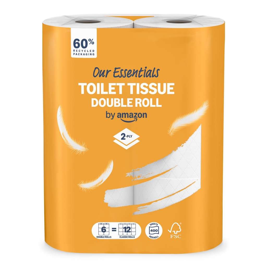 Essentials Amazon Toilet Tissue, 2-ply, 6 double rolls (400 sheets). £1.98 (£1.87 S&S, 10% off 4)
