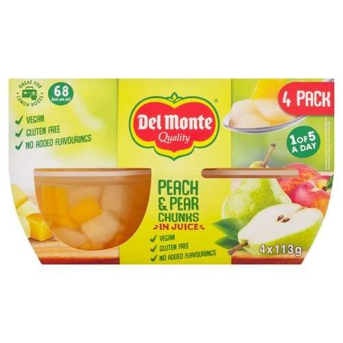 Del Monte Peach & Pear Chunks In Juice Fruit Pot 4 x 113g, Instore Middlebrook, Bolton