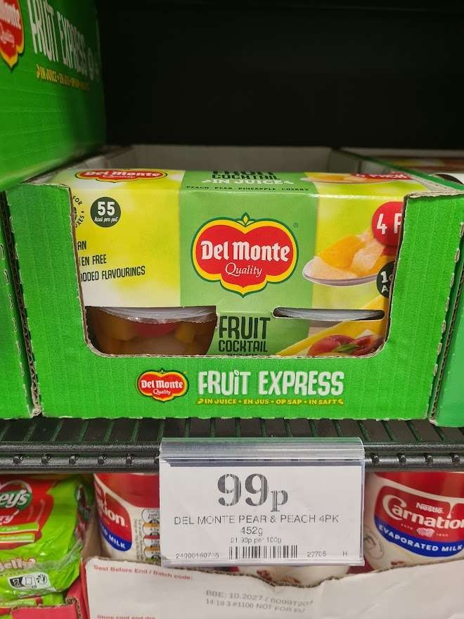 Del Monte Peach & Pear Chunks In Juice Fruit Pot 4 x 113g, Instore Middlebrook, Bolton