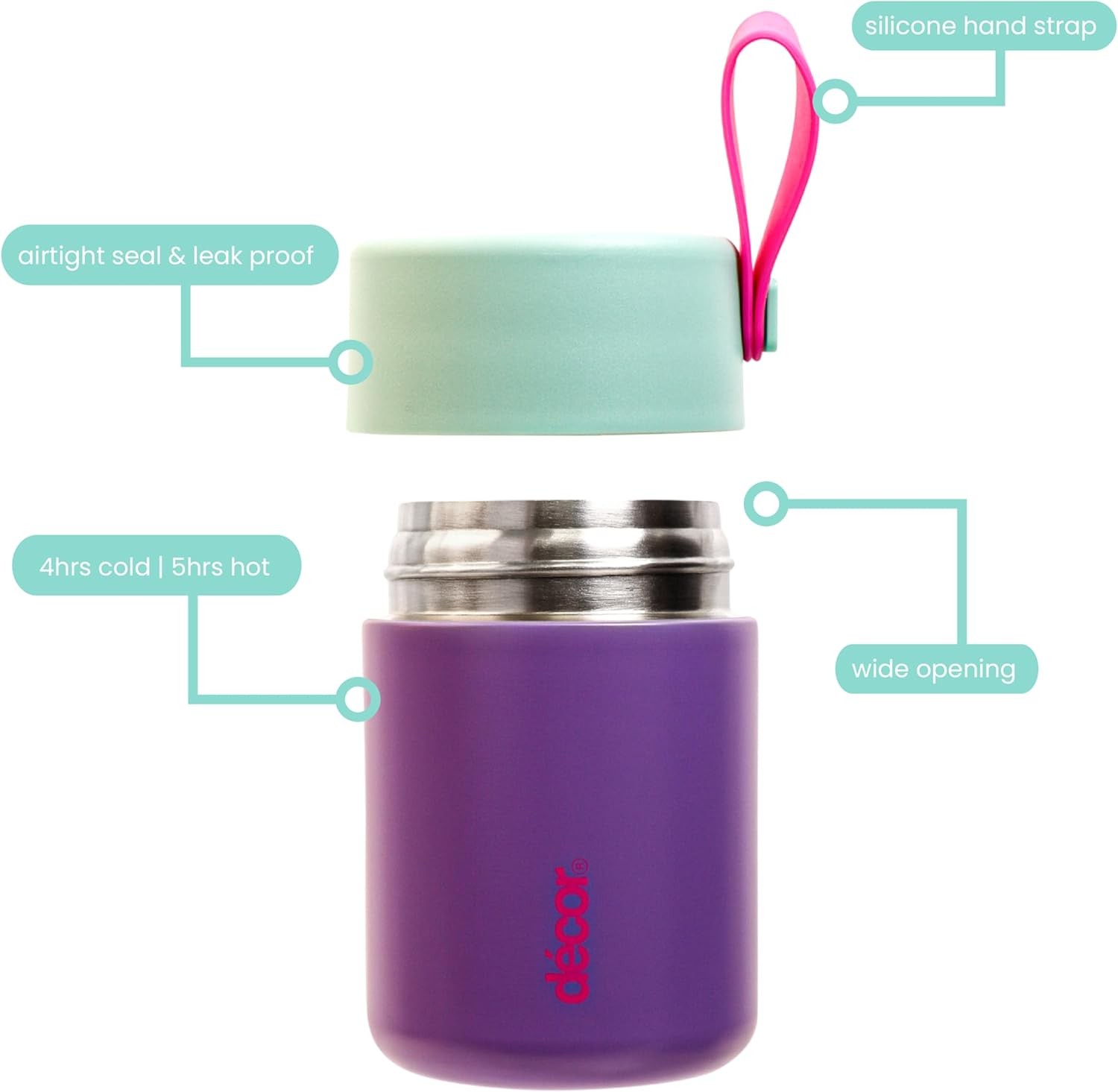 Decor 350ml Kids Insulated Food Flask, Double Wall Stainless Steel Container, Airtight Leakproof Lid, 4h Hot / 9h Cold, Purple