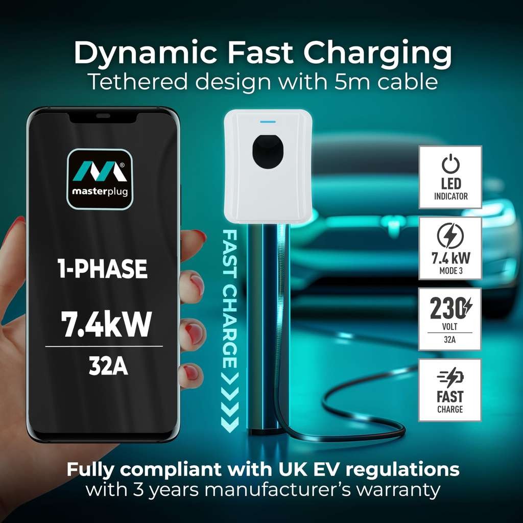 Masterplug Smart Home Wall EV Charger (Type 2, 5m cable) for electric & hybrid cars
