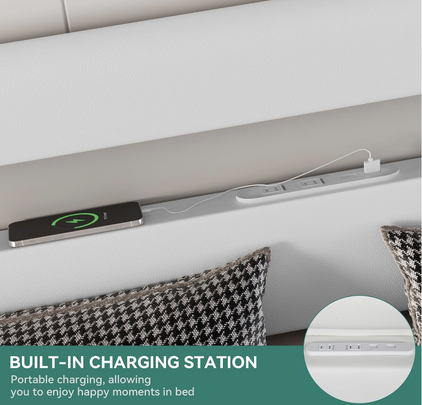 YITAHOME King-size bed frame with LED lights, storage & charging station