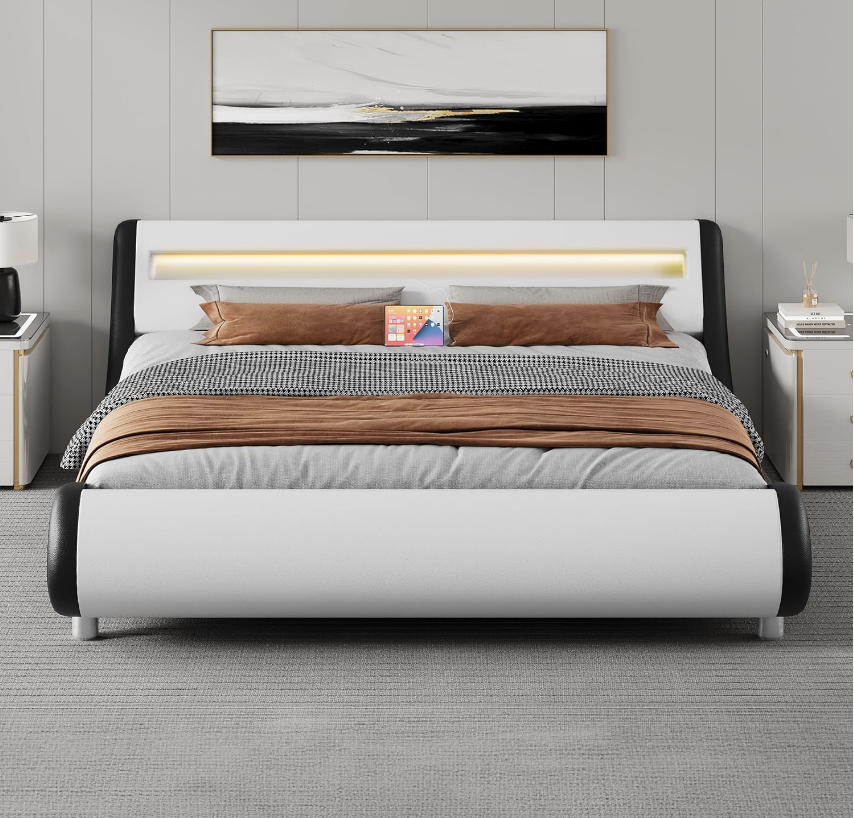 YITAHOME King-size bed frame with LED lights, storage & charging station