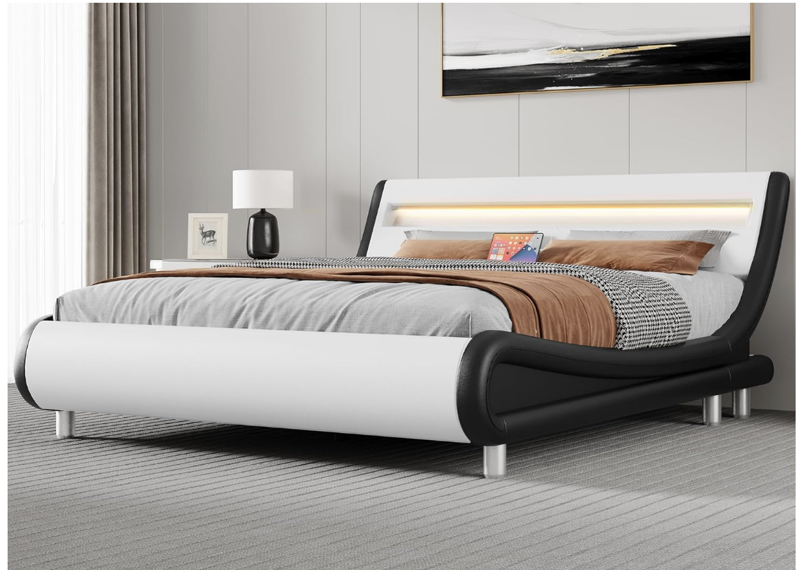 YITAHOME King-size bed frame with LED lights, storage & charging station