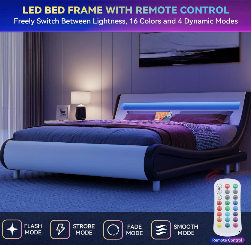 YITAHOME King-size bed frame with LED lights, storage & charging station