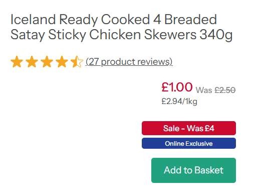 Iceland Ready Cooked 4 Breaded Satay Sticky Chicken Skewers 340g