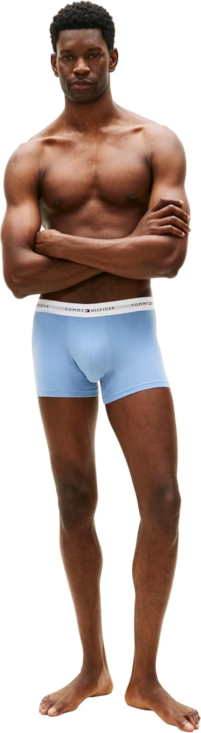 Tommy Hilfiger Men’s 3 Pack Trunks with Logo Pattern Waistband, Multicolor (Brisk Blue/Black/Ice Hthr), L