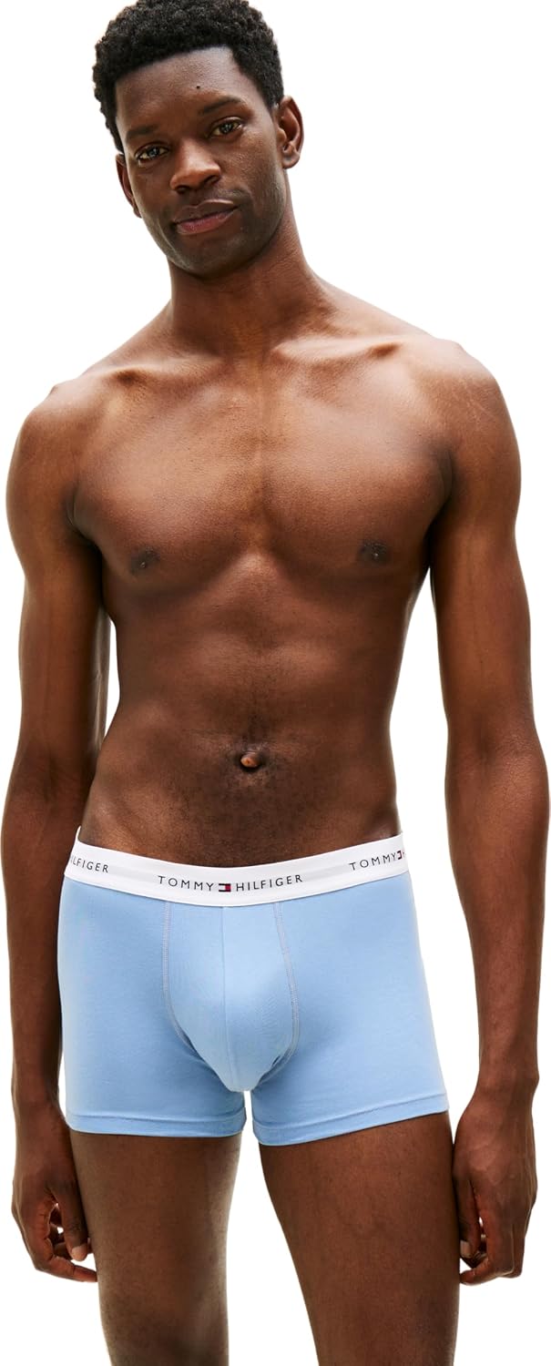 Tommy Hilfiger Men’s 3 Pack Trunks with Logo Pattern Waistband, Multicolor (Brisk Blue/Black/Ice Hthr), L