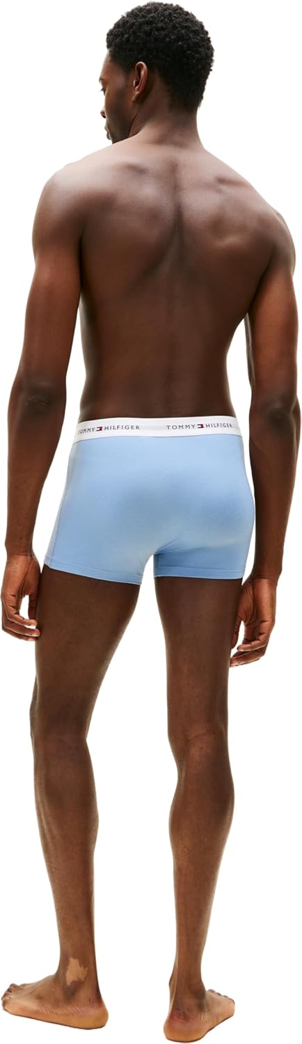 Tommy Hilfiger Men’s 3 Pack Trunks with Logo Pattern Waistband, Multicolor (Brisk Blue/Black/Ice Hthr), L