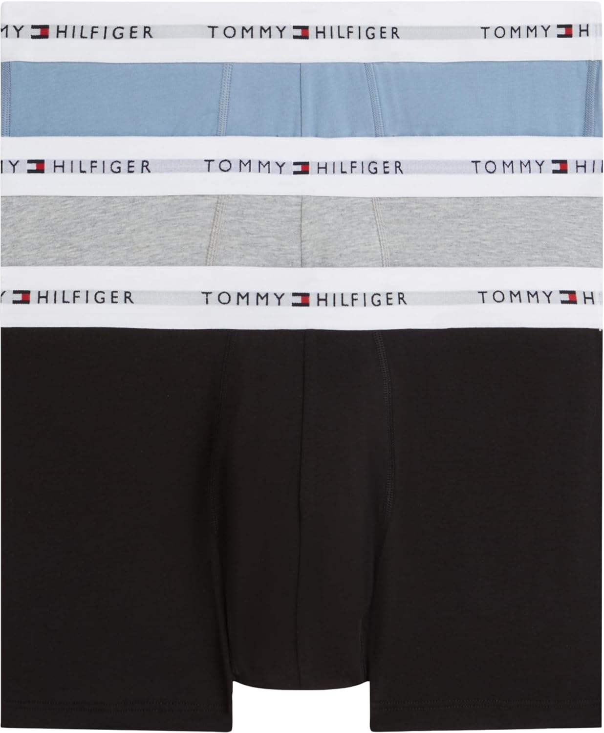 Tommy Hilfiger Men’s 3 Pack Trunks with Logo Pattern Waistband, Multicolor (Brisk Blue/Black/Ice Hthr), L
