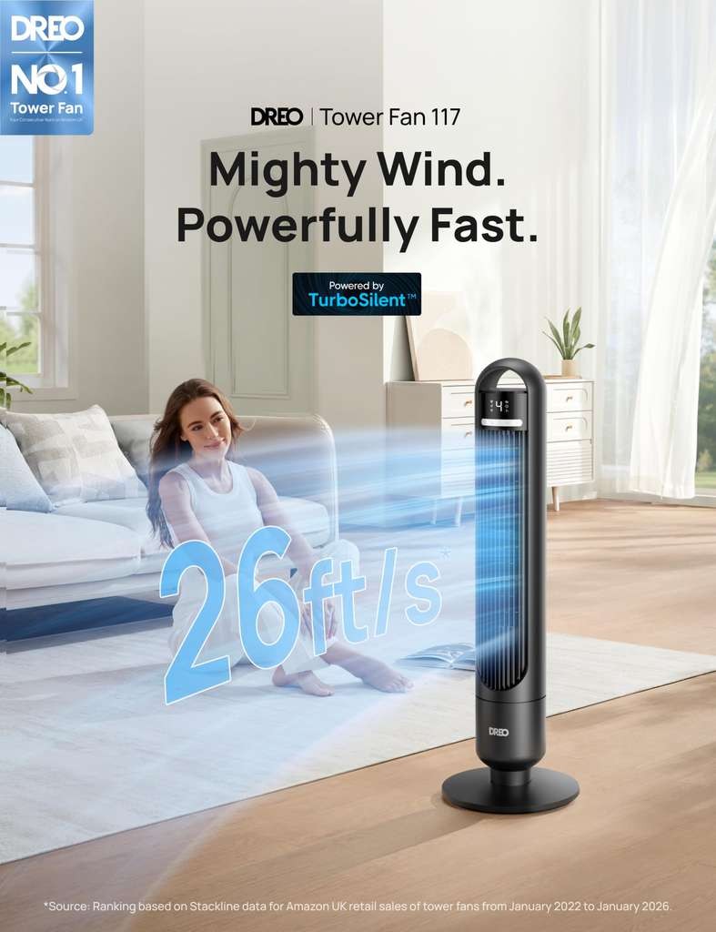 DREO Quiet Bladeless Fan, remote, 90°, LED. 1-8h timer, 4 spd/3 mode, 25ft/s, 29ft