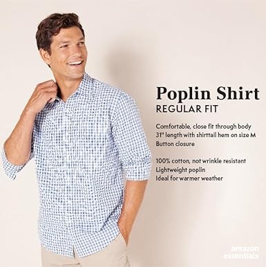Amazon Essentials Men's Regular-Fit Long-Sleeve Casual Poplin Shirt, Blue White Buffalo Plaid, L