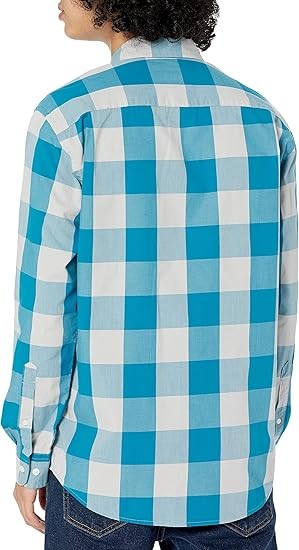 Amazon Essentials Men's Regular-Fit Long-Sleeve Casual Poplin Shirt, Blue White Buffalo Plaid, L