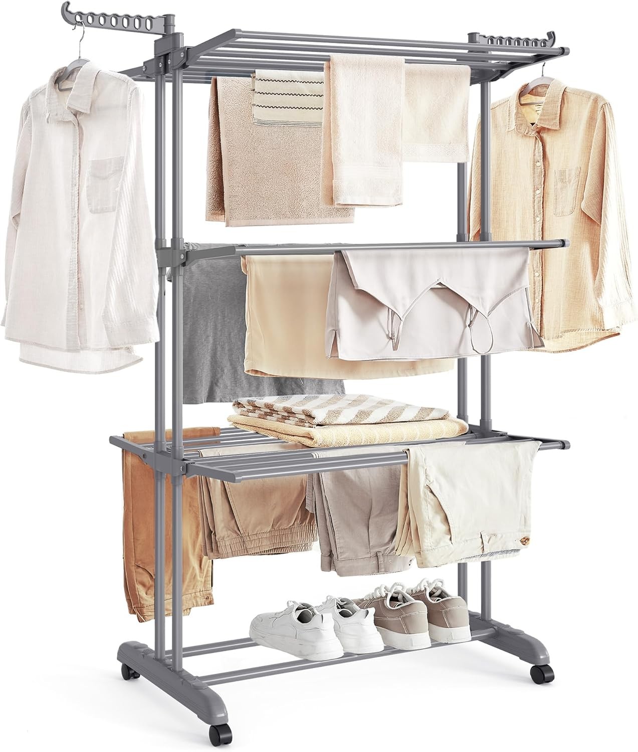 SONGMICS Large Clothes Airer, Foldable Clothes Drying Rack Laundry 4-Tier, Moveable, 64 x 126 x 172 cm, Stainless Steel, Folding Wings, Easy Assembly, Indoor Outdoor Use, Grey LLR701G01