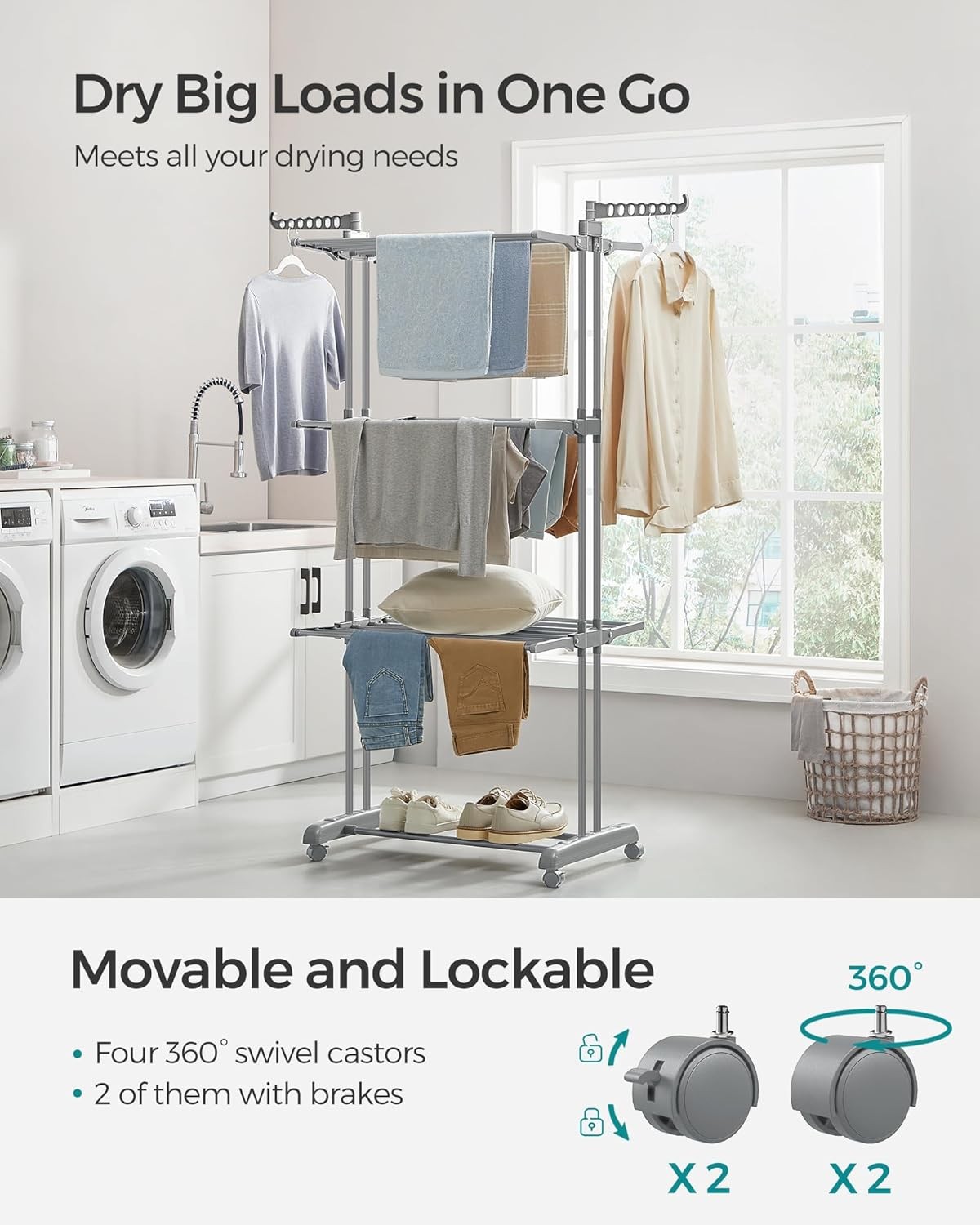 SONGMICS Large Clothes Airer, Foldable Clothes Drying Rack Laundry 4-Tier, Moveable, 64 x 126 x 172 cm, Stainless Steel, Folding Wings, Easy Assembly, Indoor Outdoor Use, Grey LLR701G01