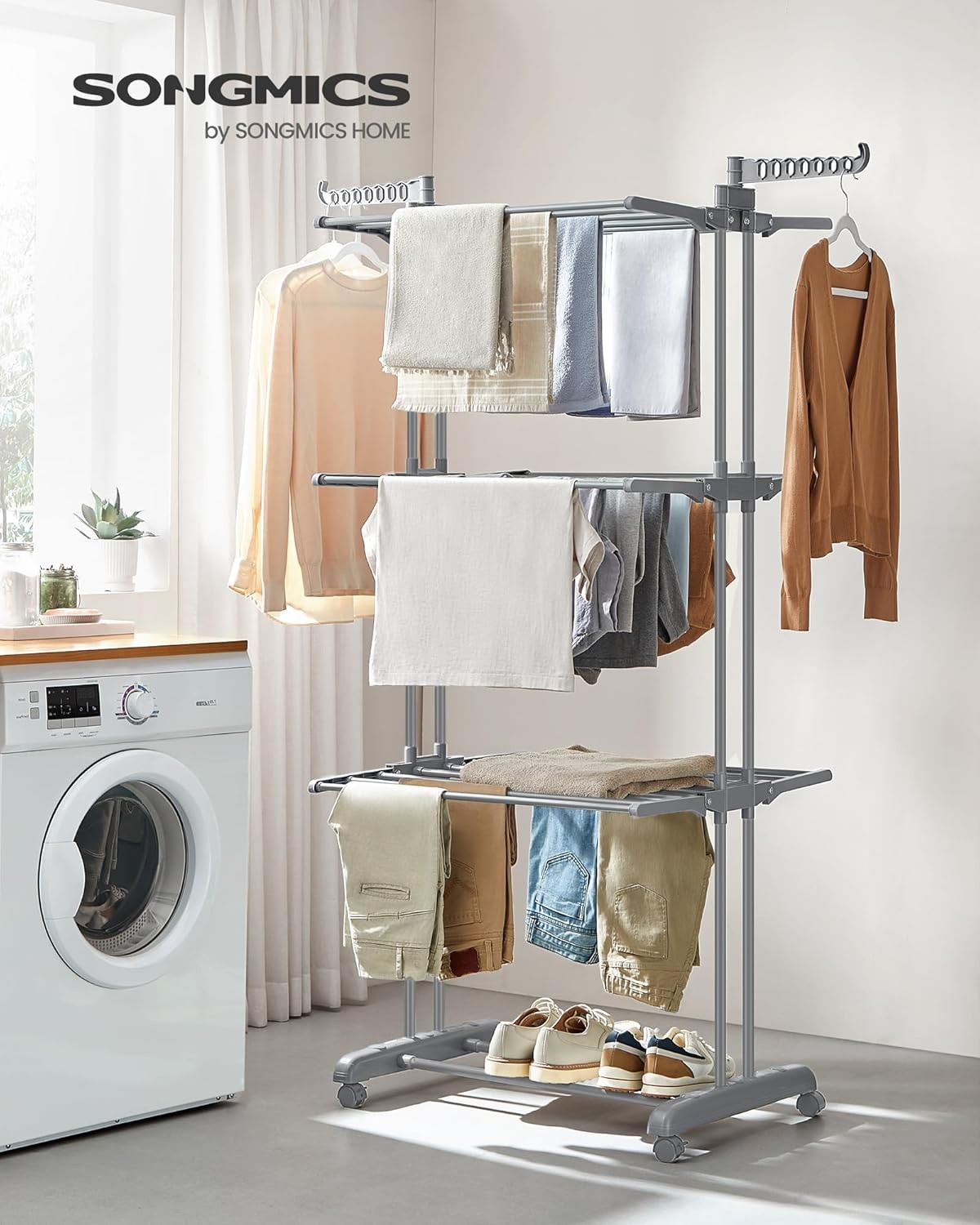 SONGMICS Large Clothes Airer, Foldable Clothes Drying Rack Laundry 4-Tier, Moveable, 64 x 126 x 172 cm, Stainless Steel, Folding Wings, Easy Assembly, Indoor Outdoor Use, Grey LLR701G01