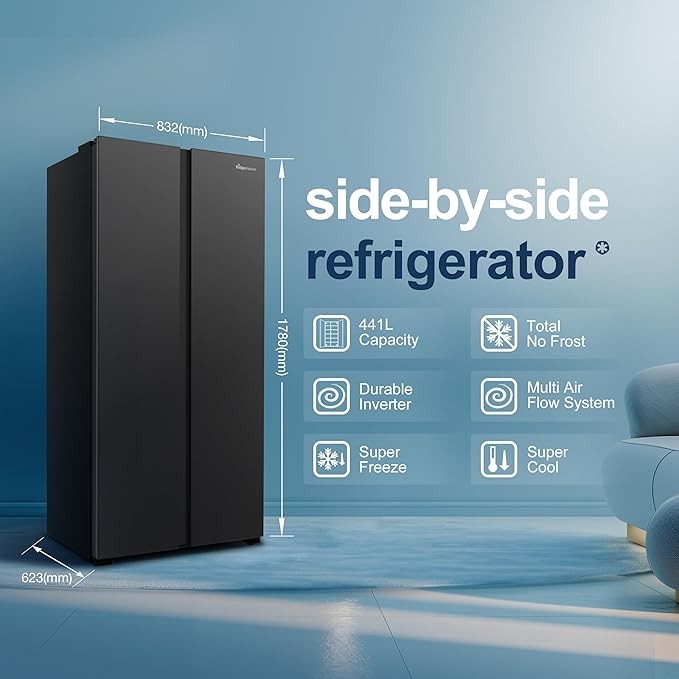 Fridgemaster MS83430EB Freestanding Slim American Side by side Door Fridge Freezer, 441L, Total No Frost, Inverter compressor, Black, 83.2x178.0cm, Energy Rating E
