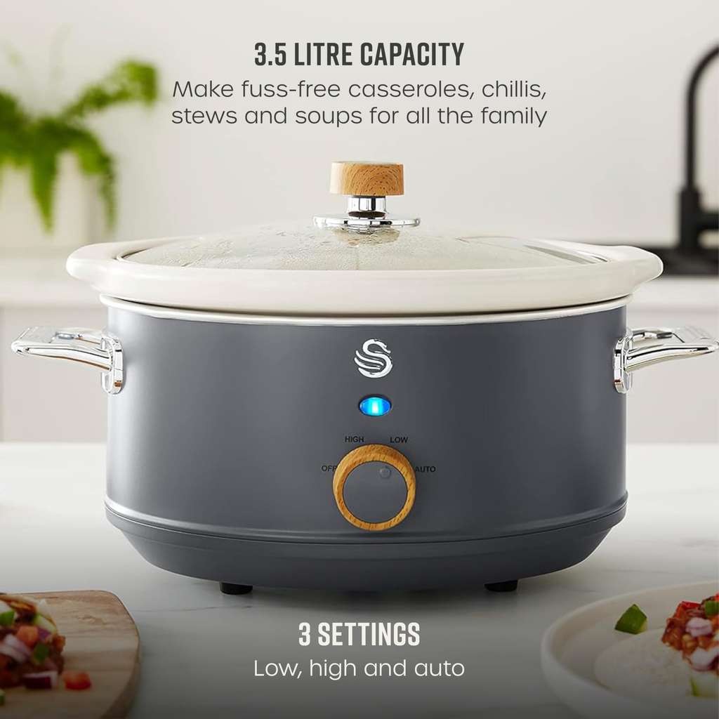 Swan Nordic Manual SC 3.5L 200W grey. 3 settings, D/W safe ceramic pot, glass lid, recipe book