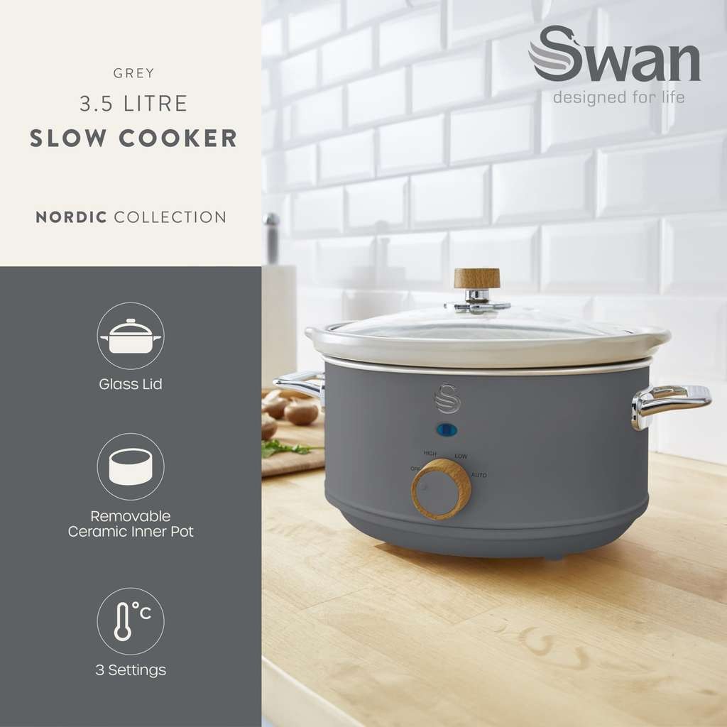 Swan Nordic Manual SC 3.5L 200W grey. 3 settings, D/W safe ceramic pot, glass lid, recipe book