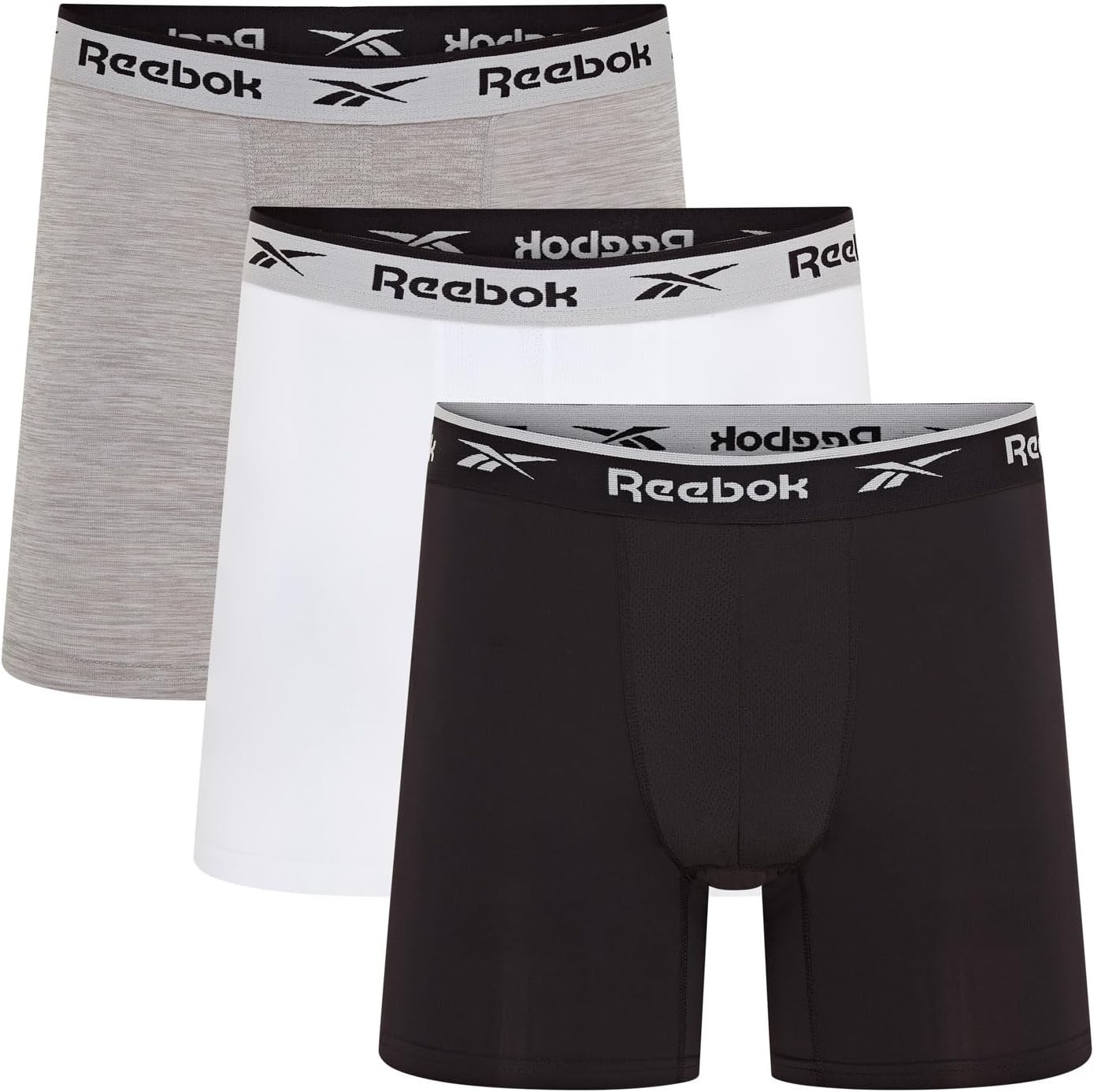 Reebok Ainslie Boxers for Men, Pack of 3 Mens Sports Trunks, Black/White/Grey Marl
