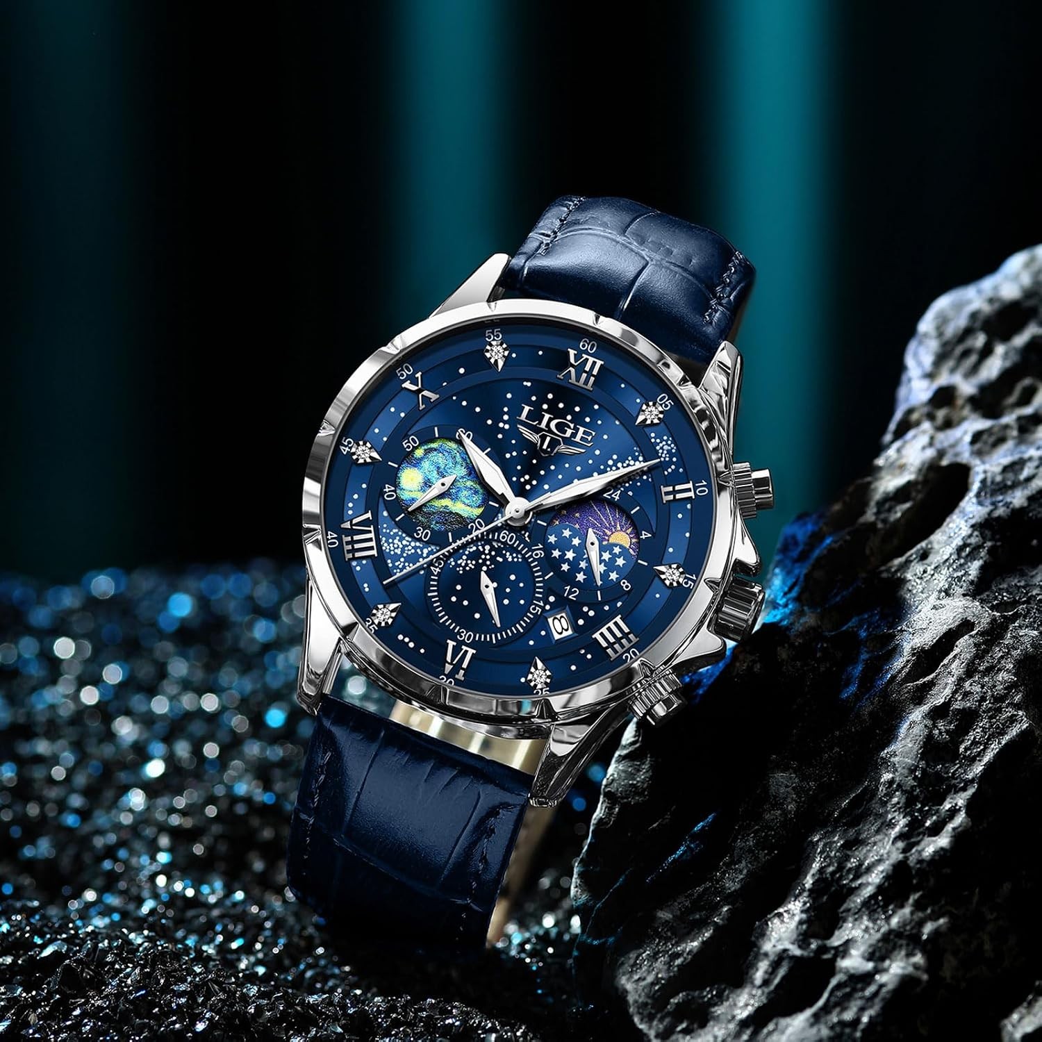 LIGE Mens Waterproof Analogue Chronograph Leather Watch with Date, Silver Blue