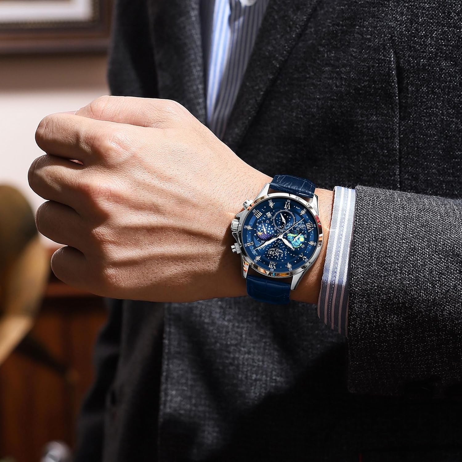LIGE Mens Waterproof Analogue Chronograph Leather Watch with Date, Silver Blue