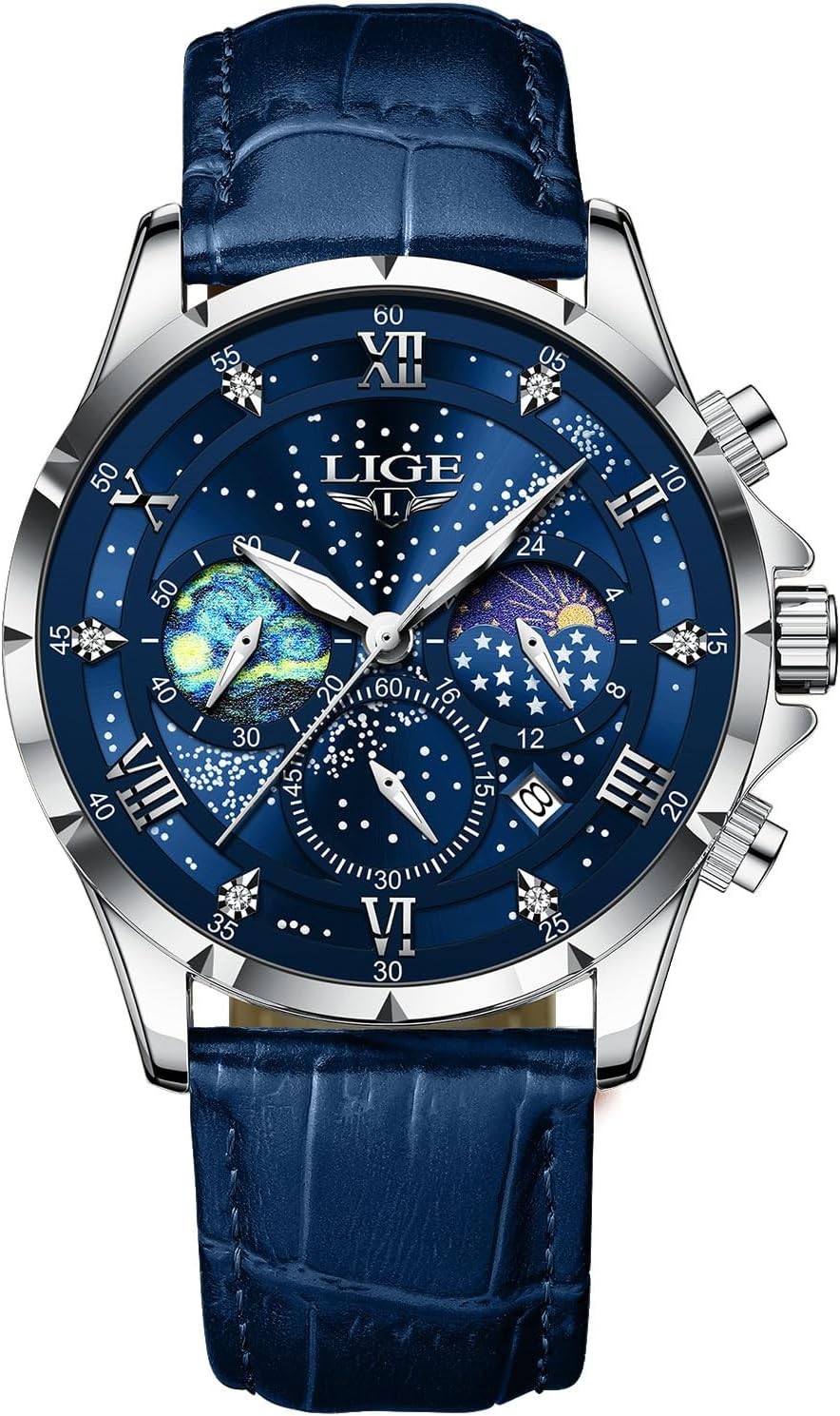 LIGE Mens Waterproof Analogue Chronograph Leather Watch with Date, Silver Blue