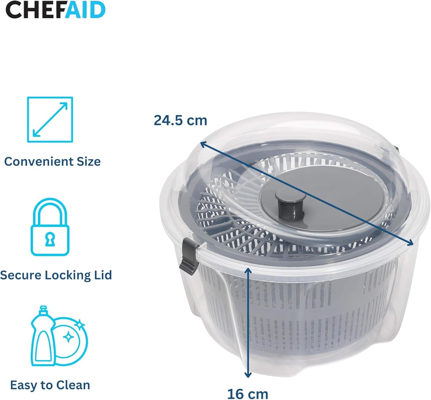 Chef Aid Clear Plastic Salad Spinner & Vegetable Dryer, 4.4 Litre Capacity, Easy Spin Mechanism, 24.5cm x 16cm
