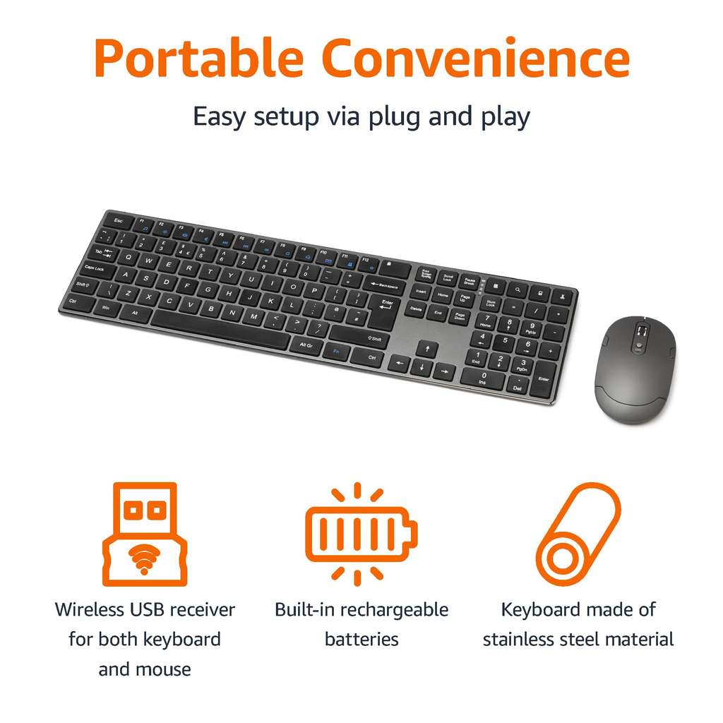Amazon Basics USB-C Rechargeable Mouse & Slim Quiet Full Keyboard w/ Numpad, Black