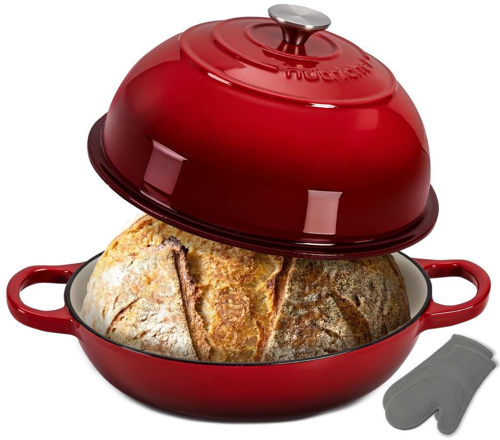 NutriChef 26cm enamelled Dutch oven for sourdough, includes silicone oven gloves