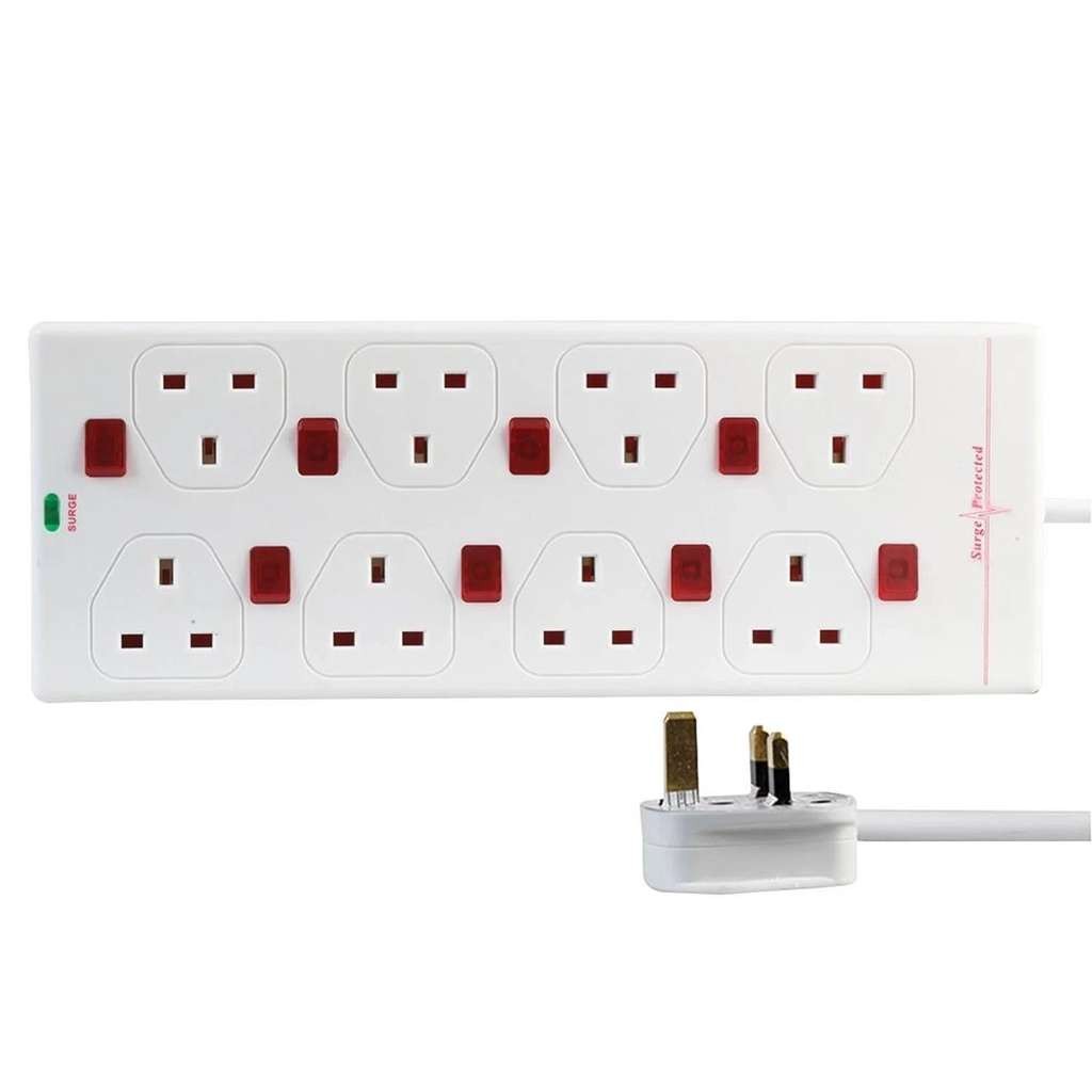 8 Gang Individually Neon Switched, Surge Protected, Extension Lead, 5m, White