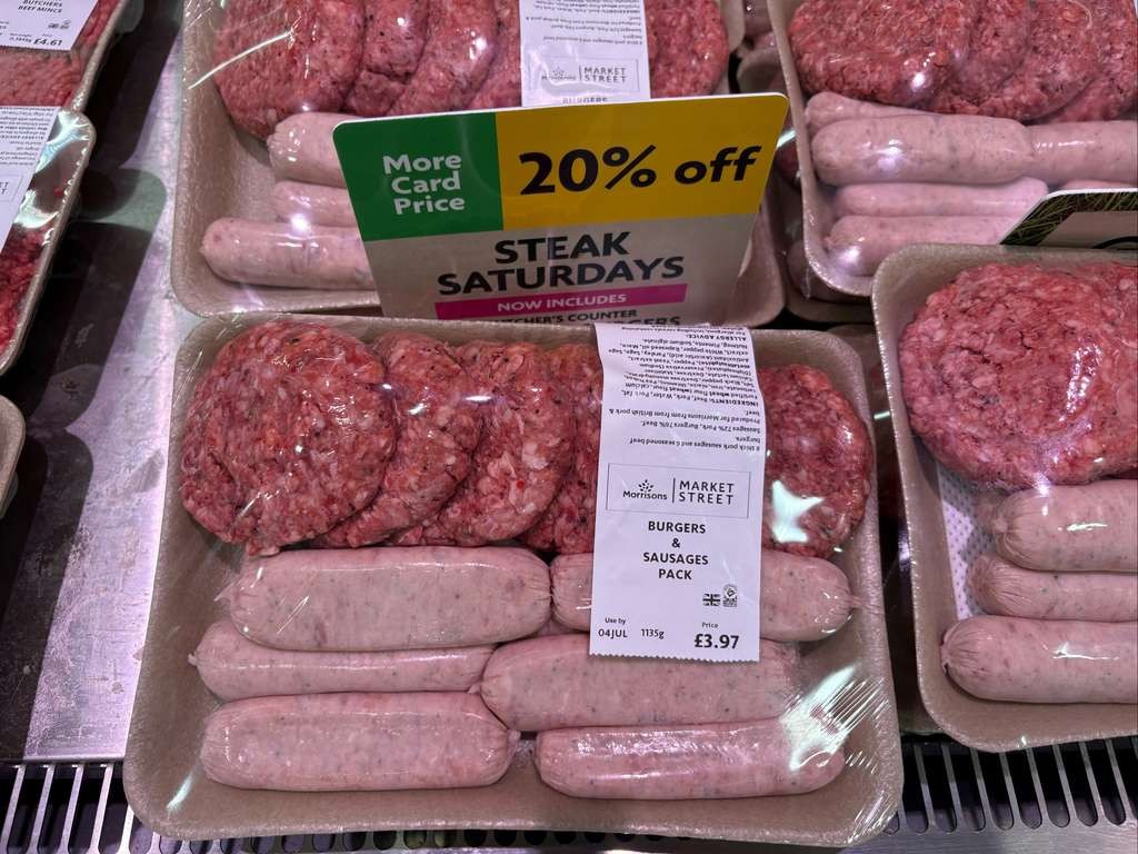 8 Sausages & 6 Burgers Pack, Extra 20% Off Today With Morrisons More Card, £3.16, In Store Wimbledon