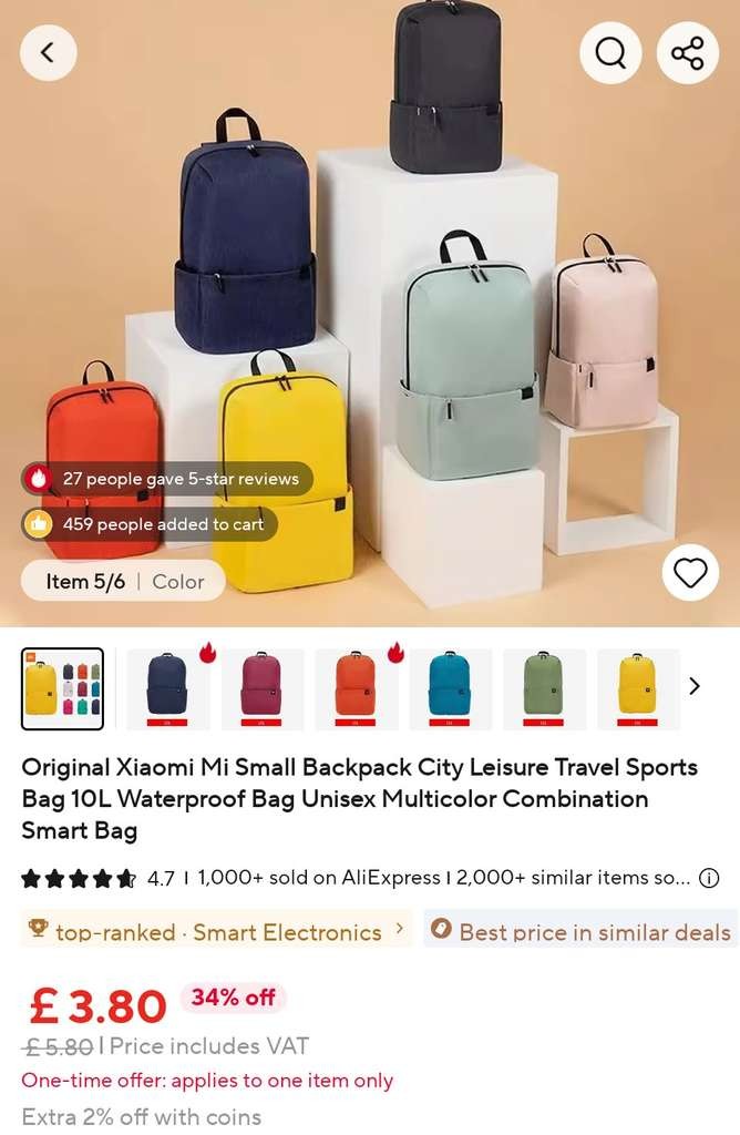 Xiaomi Mi Small 10L waterproof backpack, unisex, loads of colours, decent little bag