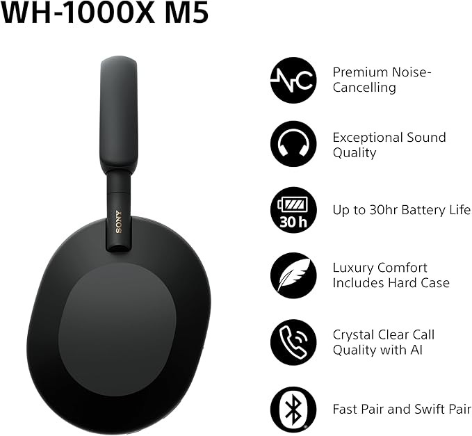 Sony WH-1000XM5 Wireless Over-Ear Headphones, Premium Active Noise Cancelling, Personalized Spatial Audio, Up to 30hr Battery Life, Bluetooth, Black