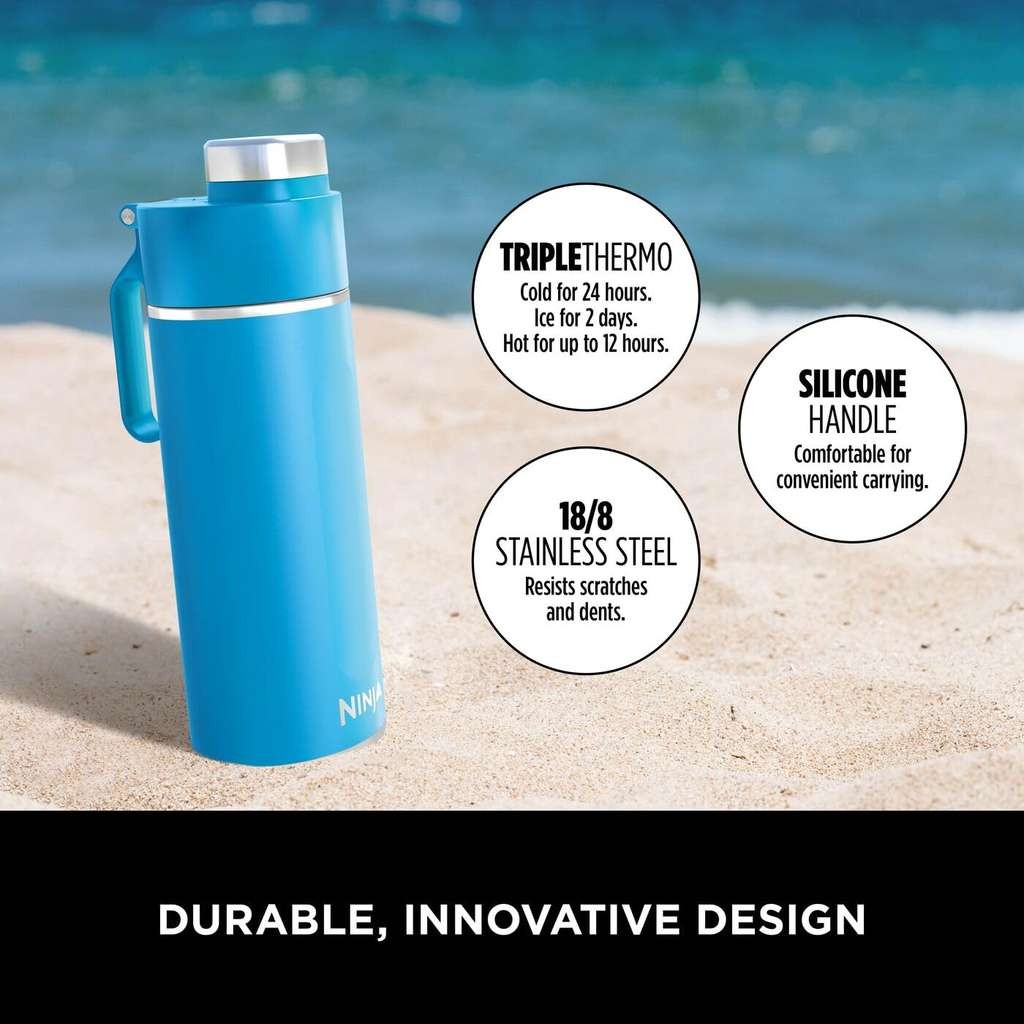 Ninja Thirsti 530ml triple insulated flask. Leak-proof, for fizzy, hot/cold. Tropical blue.